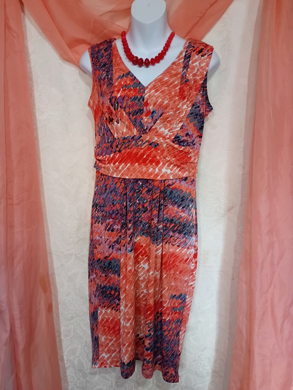 Simply Vera Vera Wang Coral and Navy Print Faux-Wrap Dress Sz M